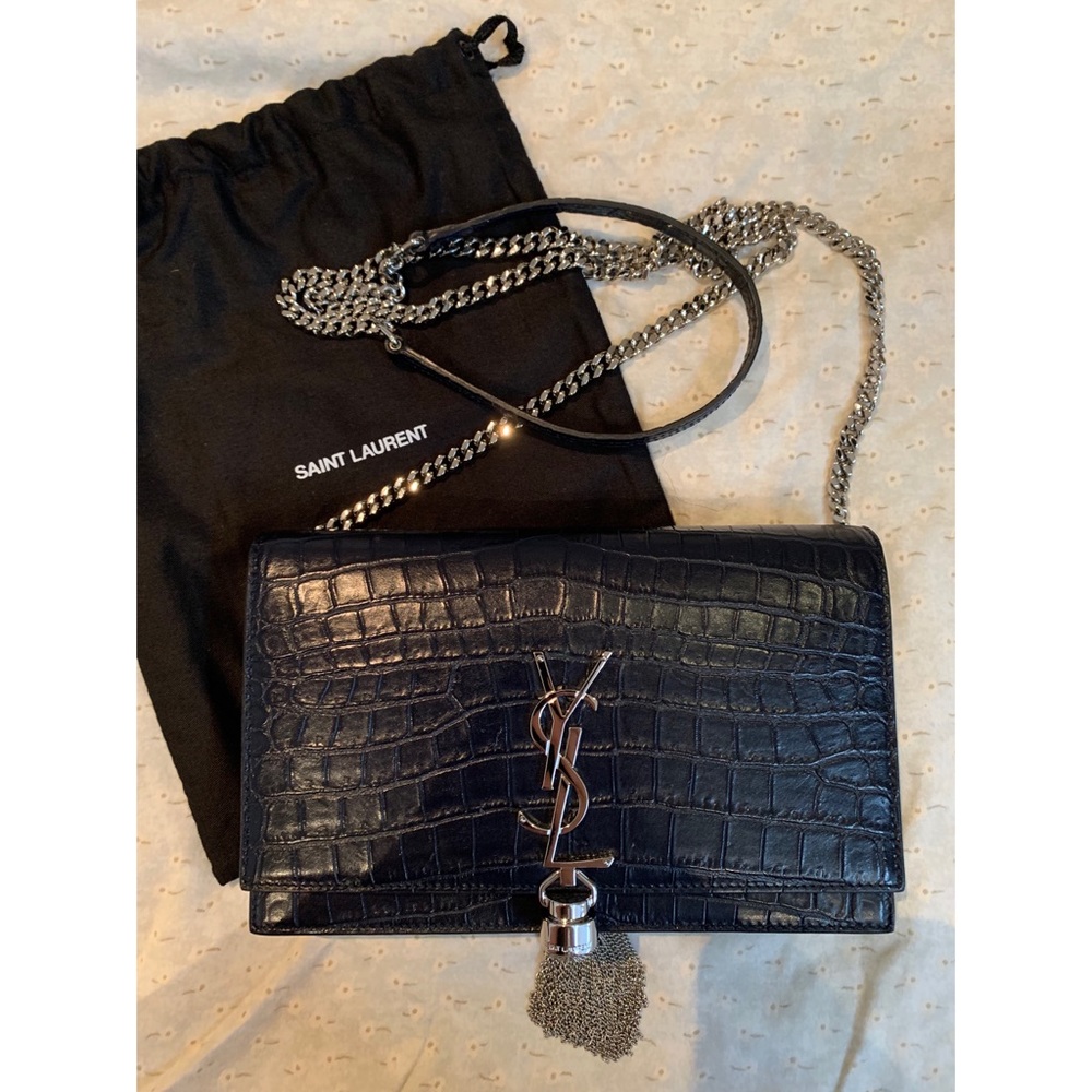 YSL KATE CHAIN WALLET W/TASSEL CROCODILE EMBOSSED DARK BLUE